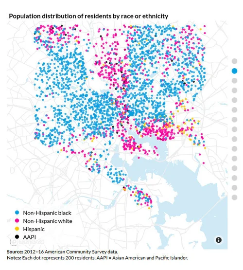 这是The Urban Insitute做的一张互动式地图;可以看到巴尔的摩的贫困率/社会经济地位在地域上极度不平等。